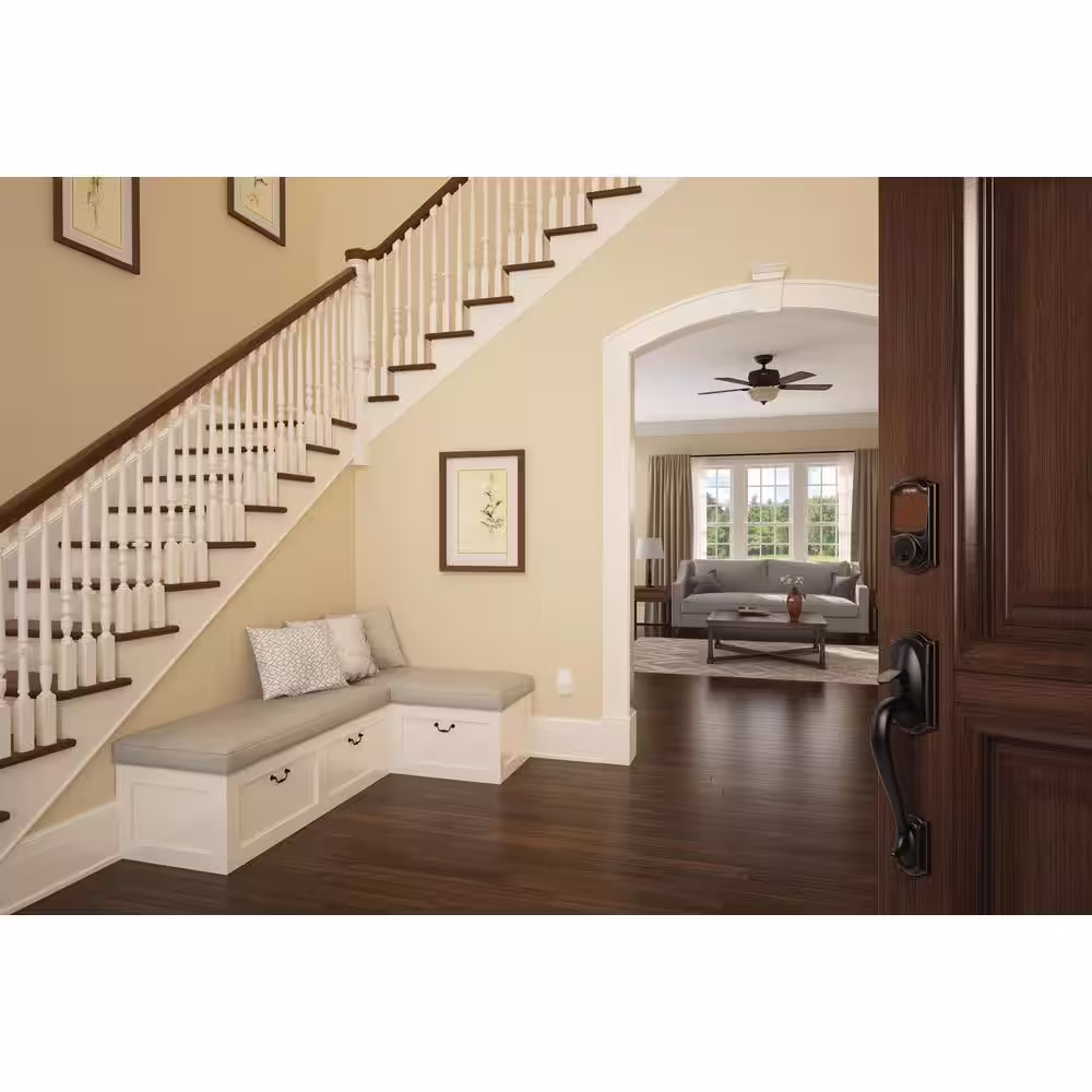 Schlage Camelot Aged Bronze Sense Smart Deadbolt and Camelot Handleset with Accent Handle with Camelot Trim