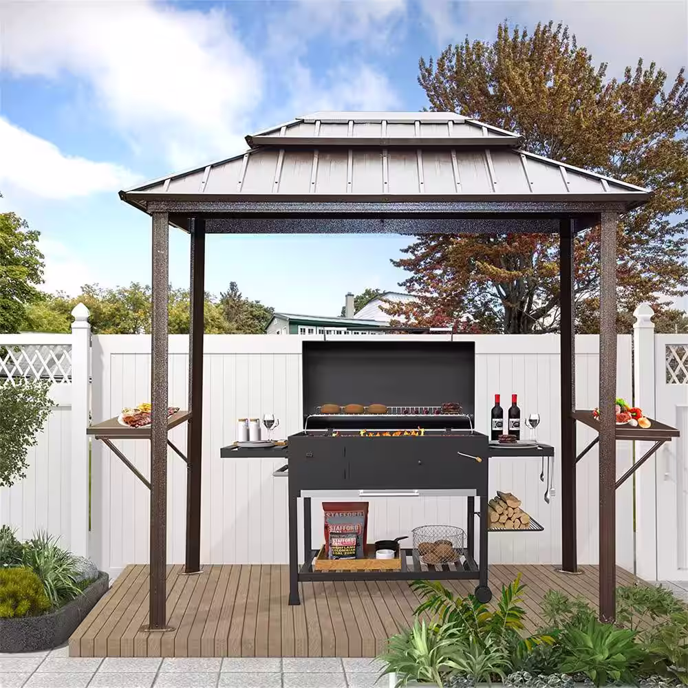 Mondawe Grill Gazebo 8 ft. x 6 ft. Aluminum BBQ Outdoor Metal Frame Shelves Serving Table Double Roof Hard top for Lawn Backyard
