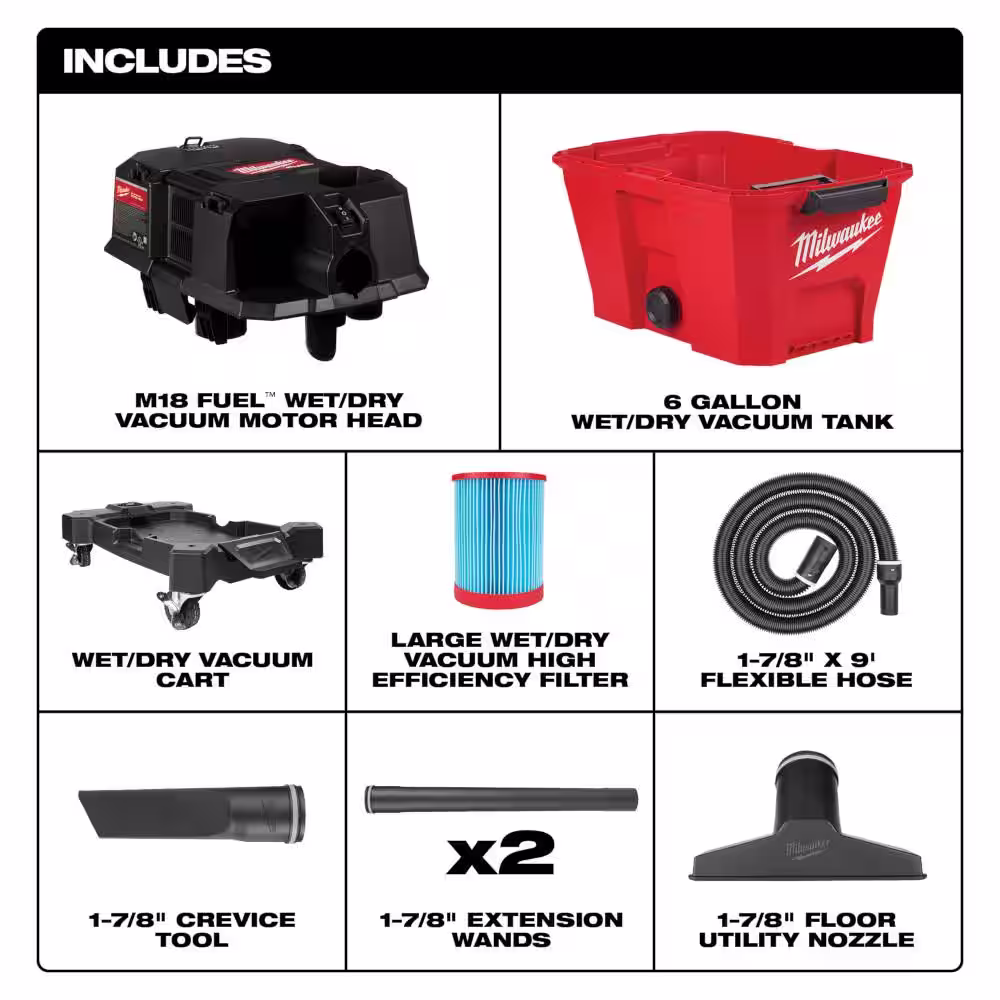 Milwaukee M18 FUEL 6 Gal. Cordless Wet/Dry Shop Vac w/Filter, Hose and AIR-TIP 1-1/4 in. - 2-1/2 in. (1-Piece) 2-IN-1 Util. Brush