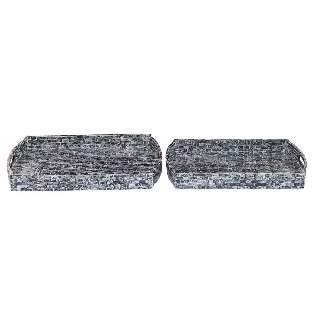 Litton Lane Blue Wood Decorative Tray with Slot Handles (Set of 2)