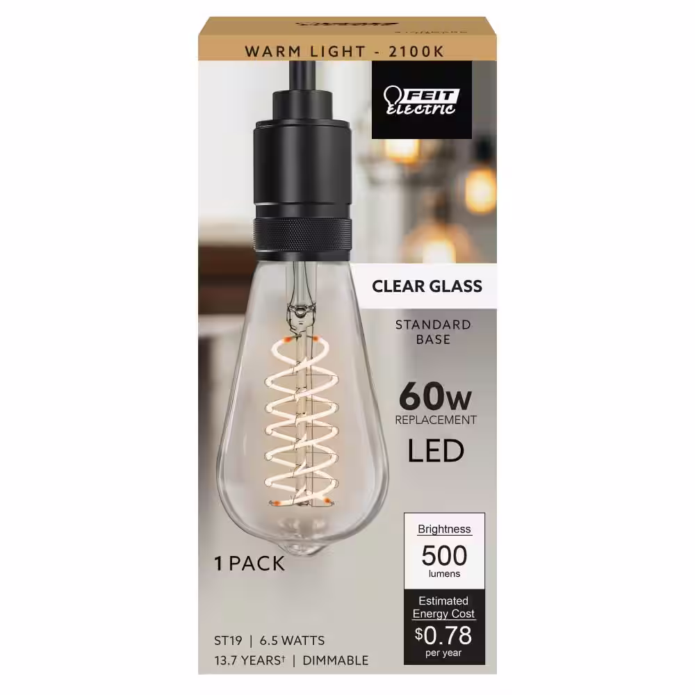 Feit Electric 60-Watt Equivalent ST19 Dimmable Spiral Filament Clear Glass E26 Vintage Edison LED Light Bulb, Warm White