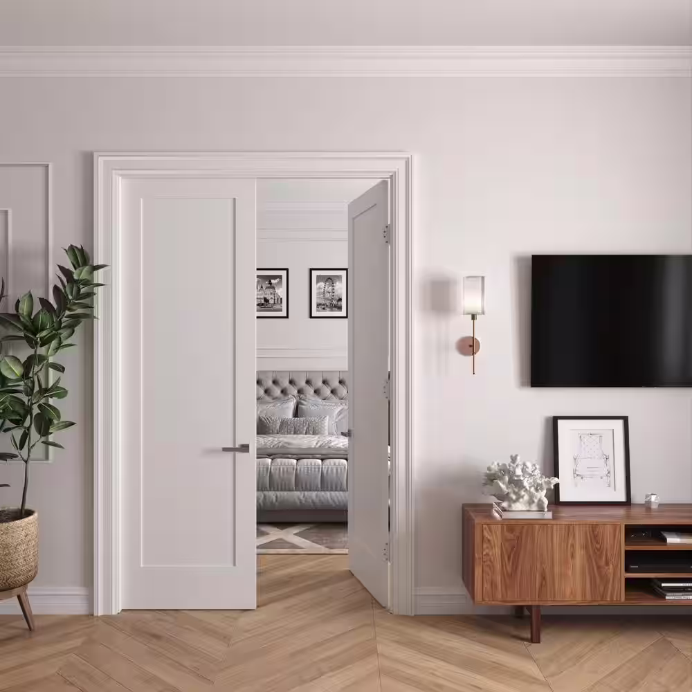 RESO 48 In. x 96 In.Bi-Parting Solid Core Primed White Composite Double Pre-hung French Door Catch Ball Polished Nickel Hinge