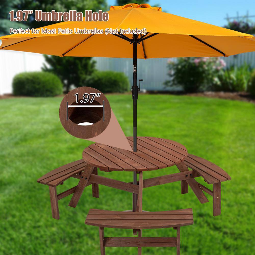 None 35.43 in. Wood Round Outdoor Picnic Table for Patio, Backyard, Garden 6-Person with Umbrella Hole