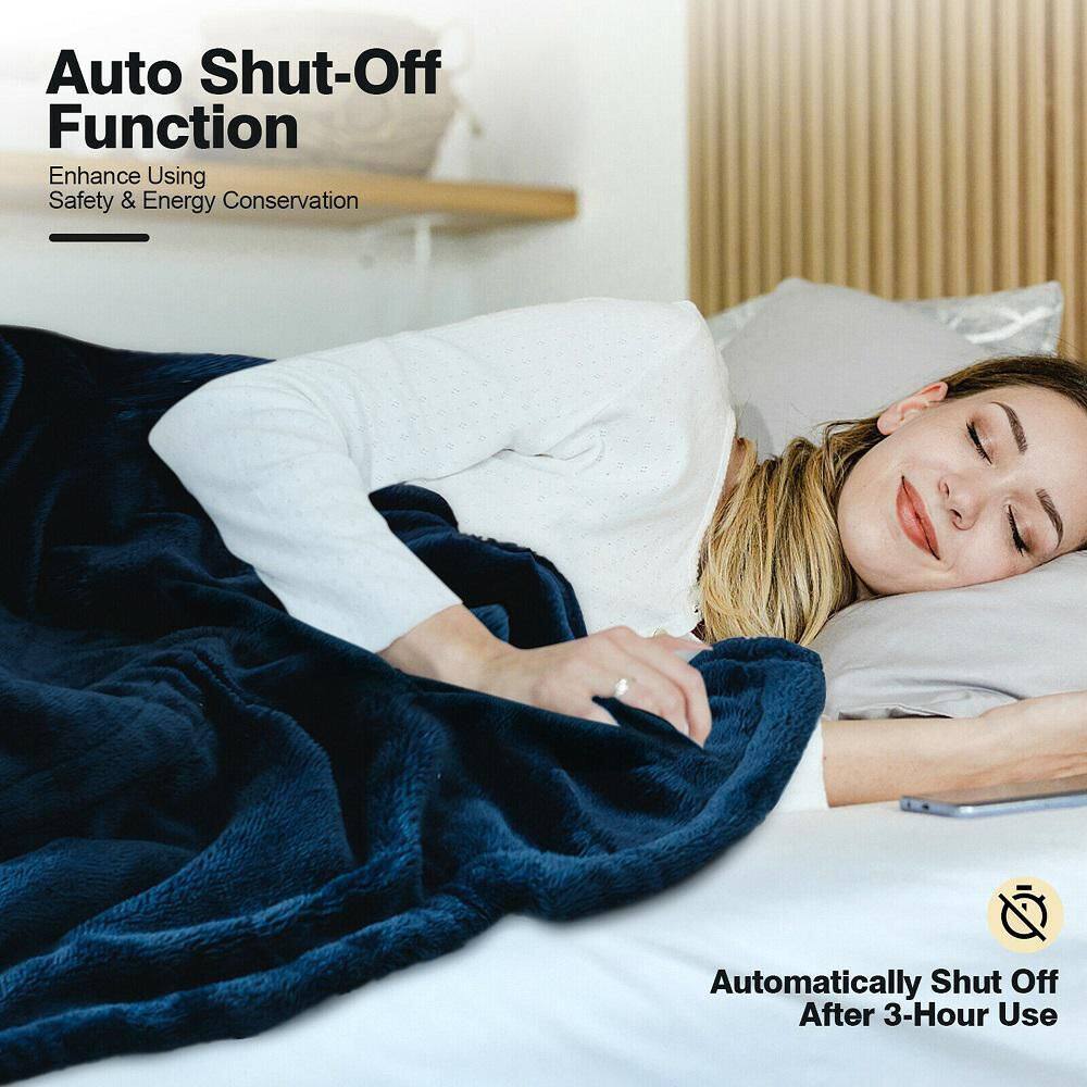 Gymax 60 in. x 50 in. Heated Throw Electric Blanket Flannel and Sherpa Double-Sided Flush Blue