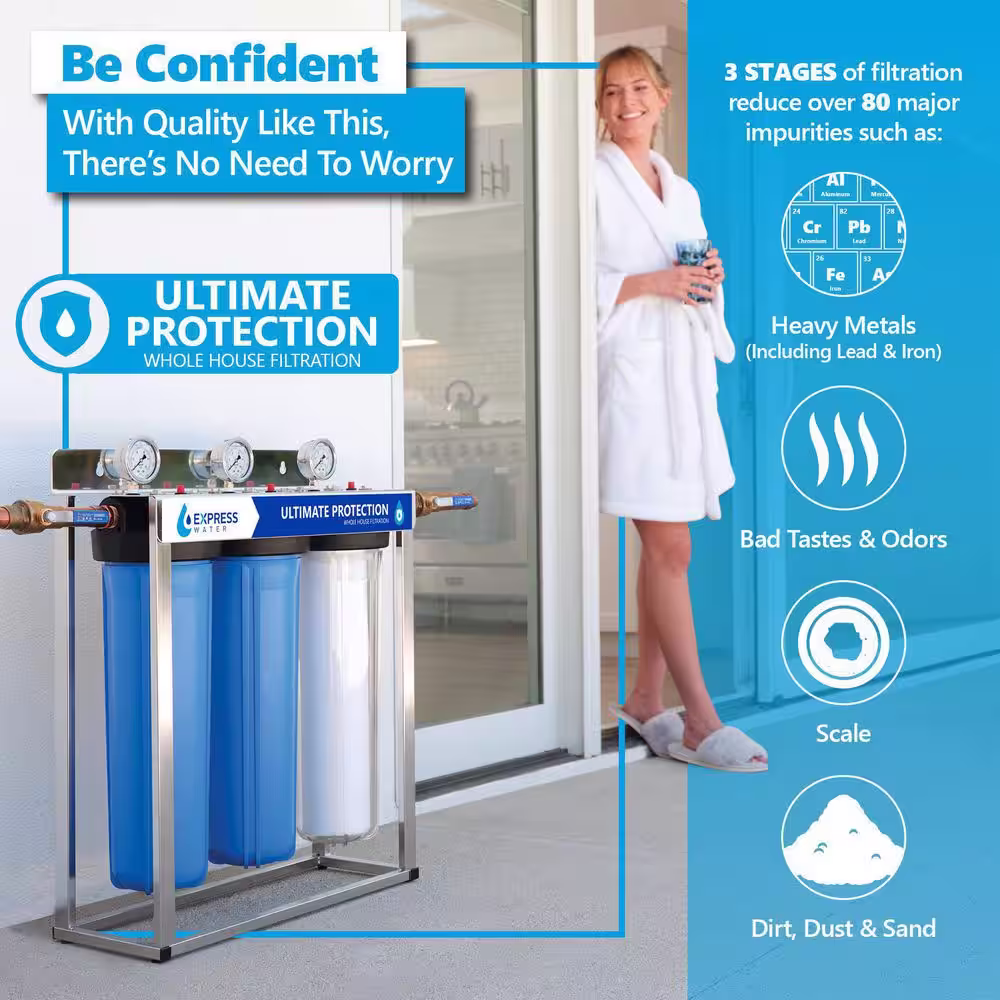 Express Water Heavy Metal Anti-Scale 3 Stage Whole House Water Filtration System - Ultimate Protection Polyphosphate, KDF, Carbon