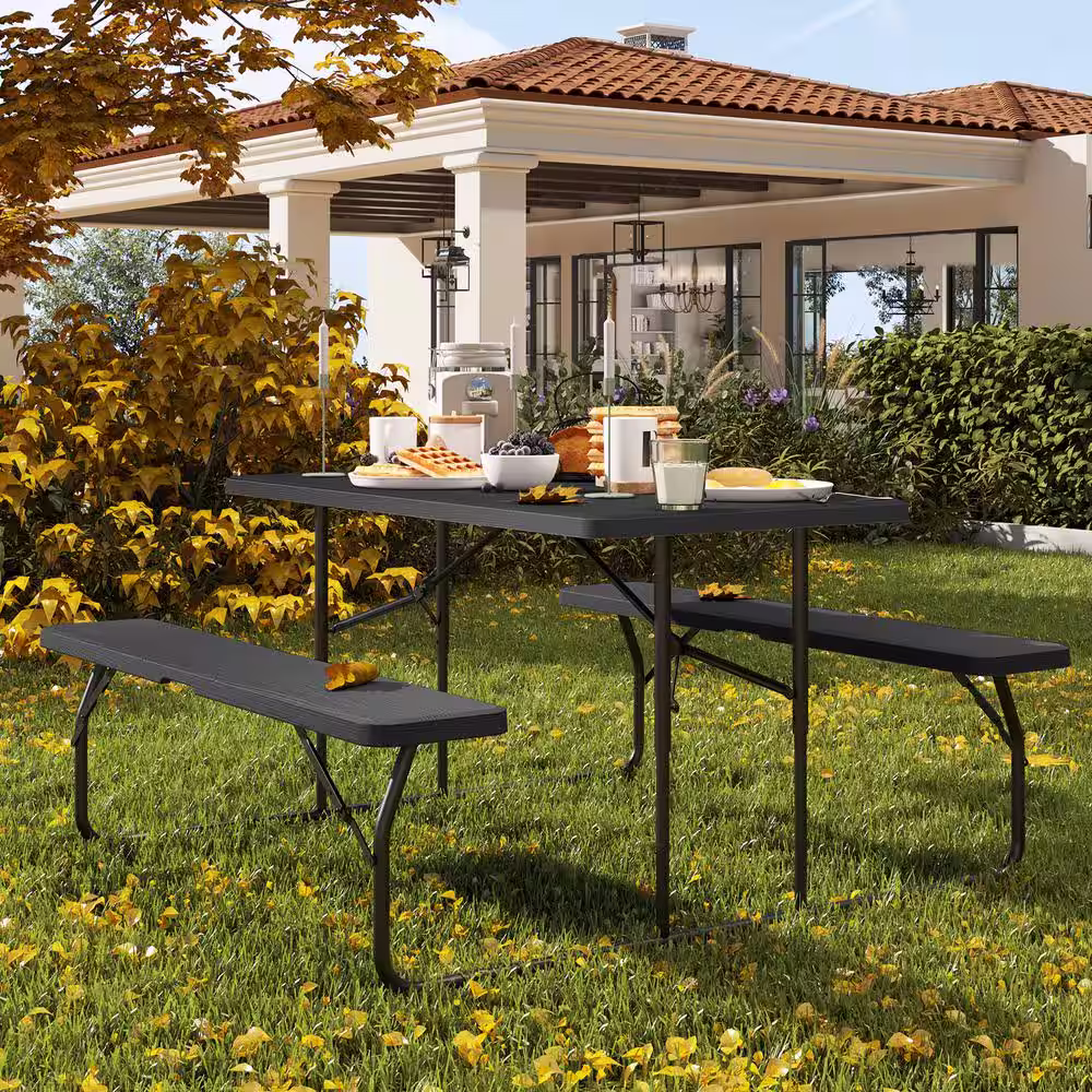 DEXTRUS 4.5 ft. Black Outdoor Picnic Table and Bench with Weather Resistant Resin Tabletop and Stable Steel Frame