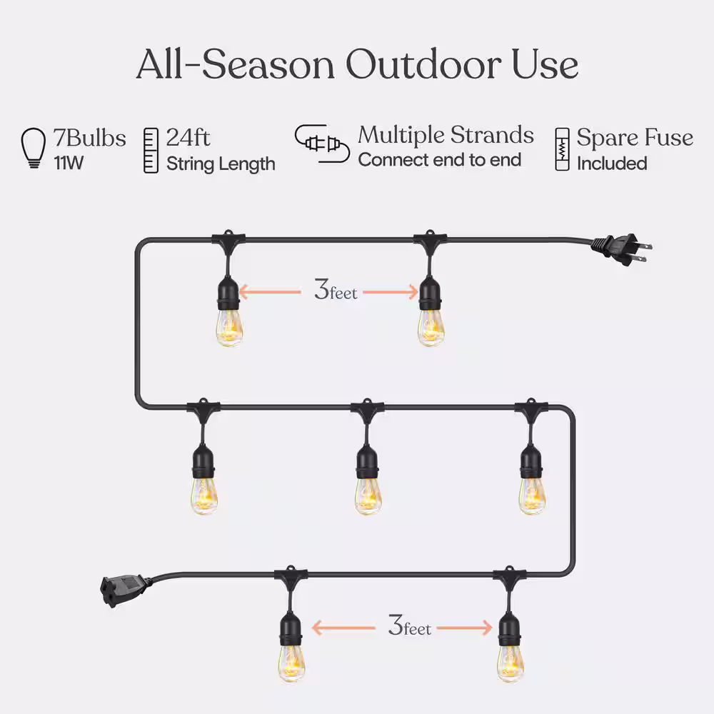 Brightech 7-Light 24 ft. Indoor/Outdoor Plug-in S14 Edison Bulb Ambience Pro Incandescent String Light