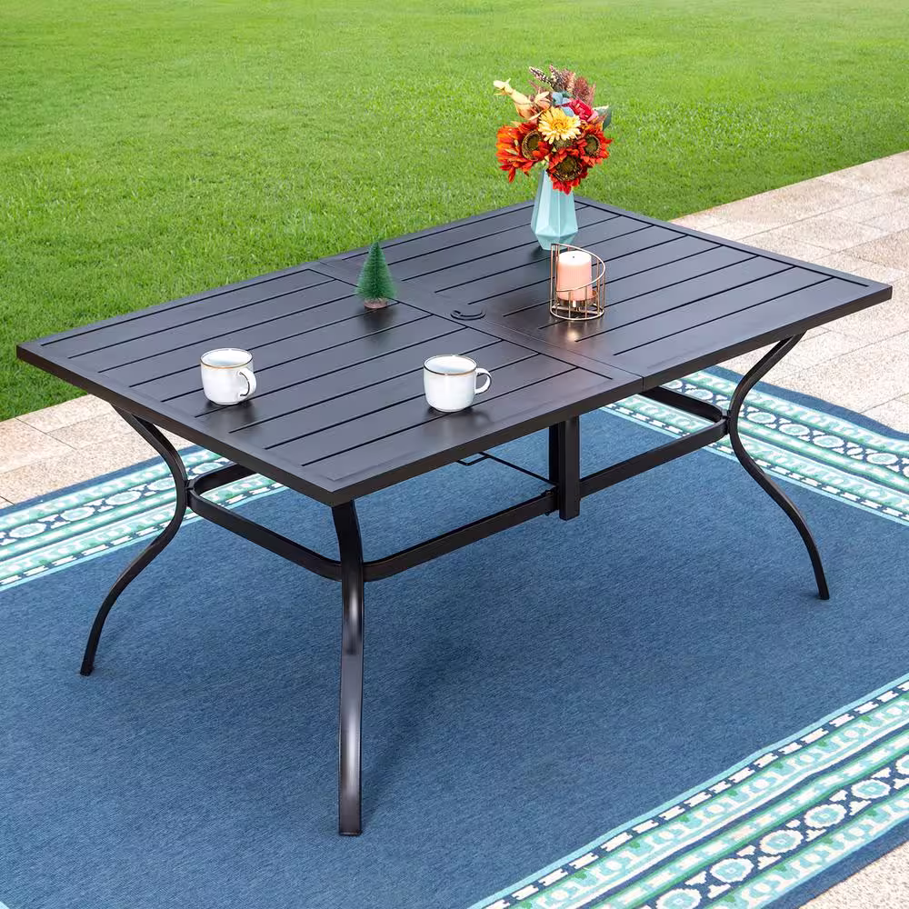 PHI VILLA Black 7-Piece Metal Outdoor Patio Dining Set with Slat Rectangle Table and Padded Textilene Swivel Chairs