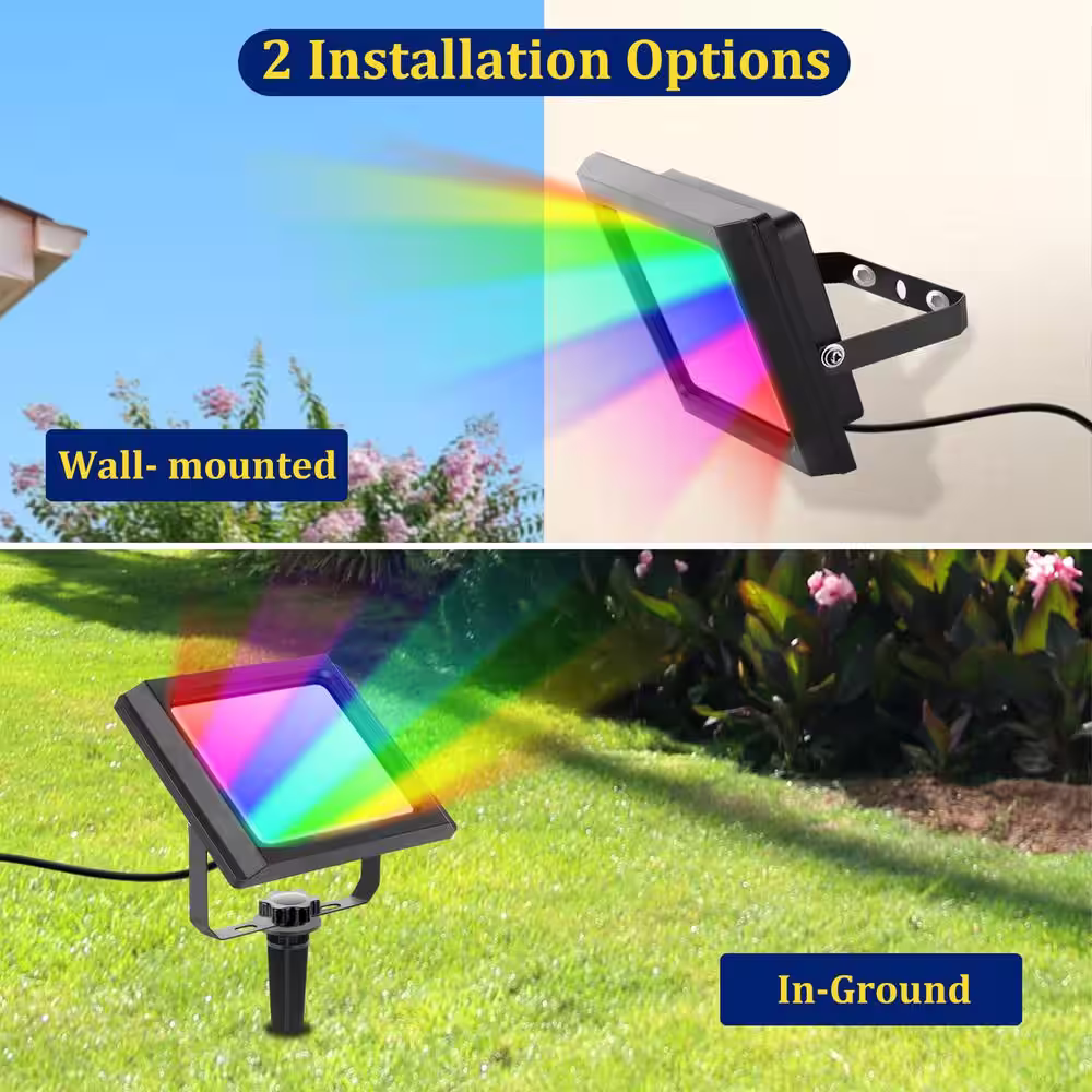 None Black Outdoor Flood Light RGB Color Changing Plug-In Integrated LED Landscape Flood Light (6-Pack)