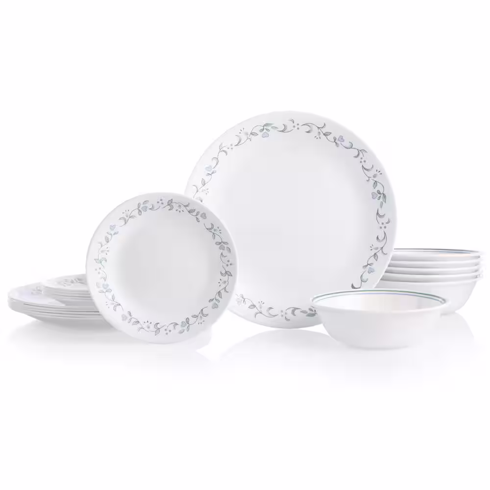 Corelle Country Cottage 18-piece Glass Dinnerware Set, Service for 6, White and Blue