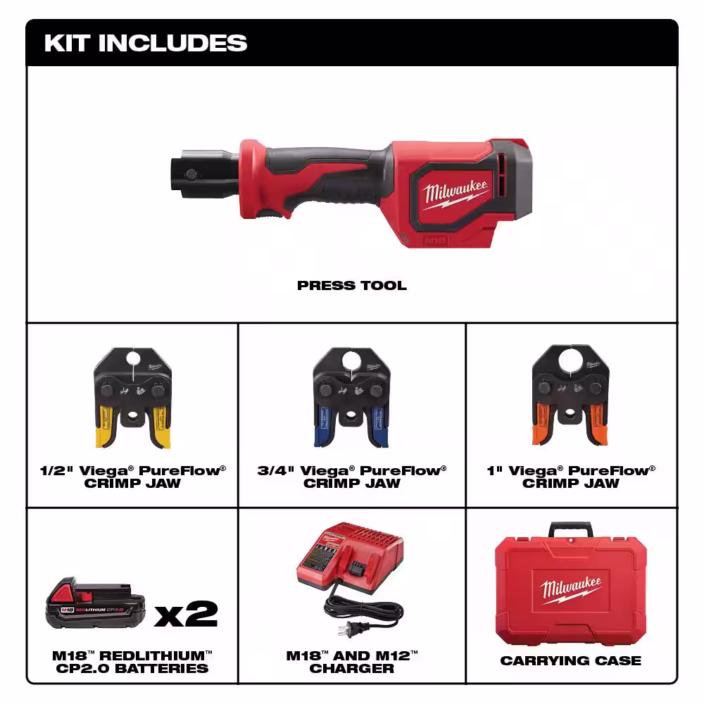Milwaukee M18 18V Lithium-Ion Cordless Short Throw PEX Press Tool Kit & M18 FUEL 18V Lithium-Ion Cordless 1/4 in Hex Impact Driver