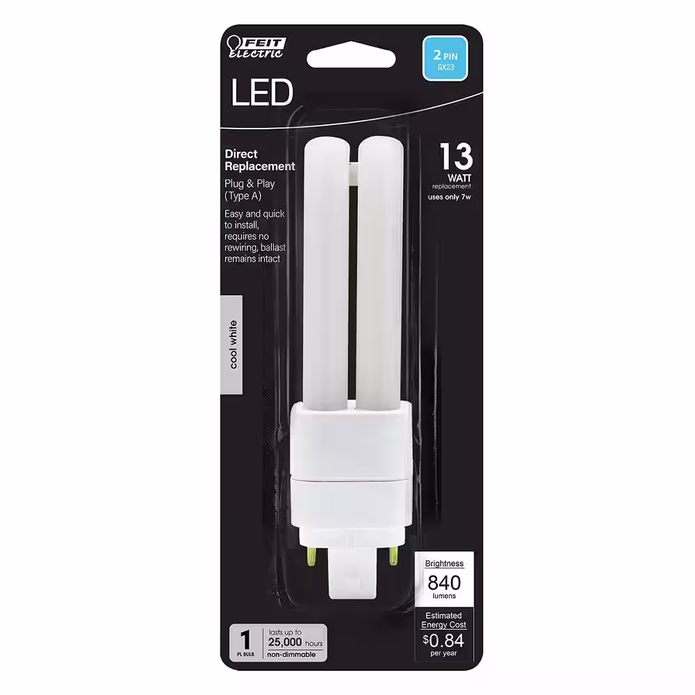 Feit Electric 13-Watt Equivalent PL Twintube CFLNI Bi-Pin Plug-In GX23 Base CFL Replacement LED Light Bulb, Cool White 4100K (1-Bulb)