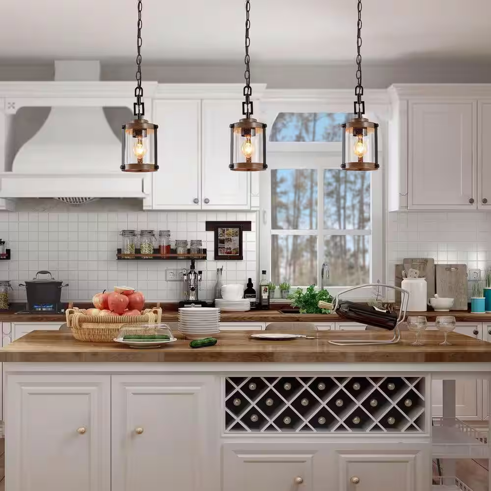 LNC Modern Farmhouse Brown Chandelier 1-Light 6 in. Black Drum Mini Island Pendant Light with Seeded Glass Shades