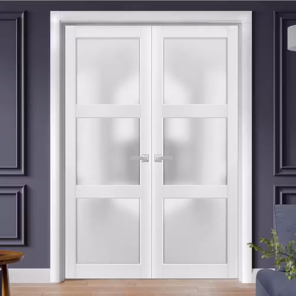 Sartodoors 2552 84 in. x 84 in. Universal Handling 3-Lite Frosted Glass Solid White Finished Pine Wood Interior Door Slab