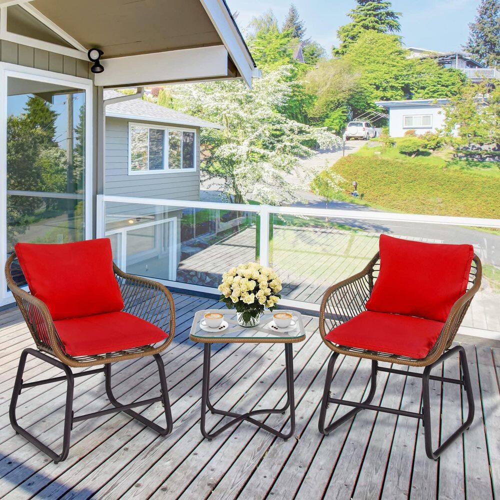 Alpulon Brown 3-Piece Wicker Outdoor Bistro Set with Red Cushions