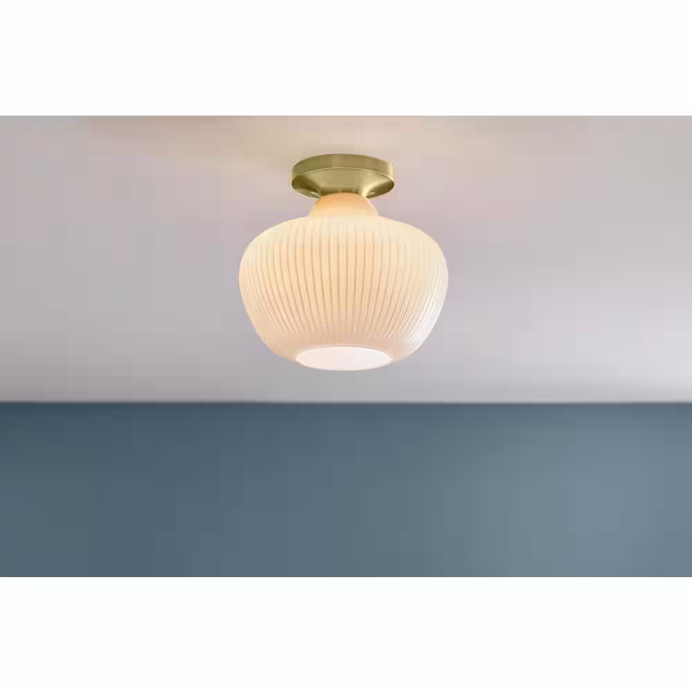 Home Decorators Collection Pompton 12 in. 1-Light Gold Semi-Flush Mount Ceiling Light Fixture with White Ribbed Glass
