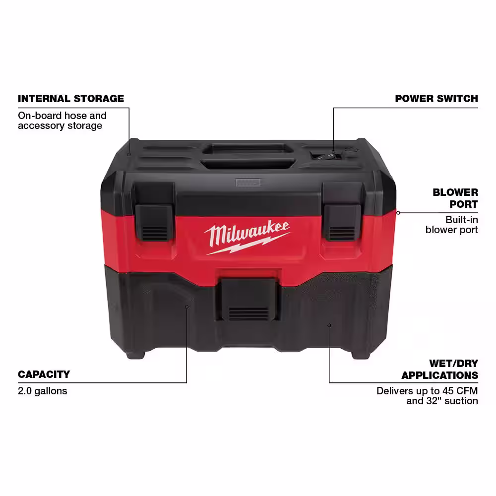Milwaukee M18 18-Volt 2 Gal. Lithium-Ion Cordless Wet/Dry Vacuum & AIR-TIP Crevice Tool and Utility Nozzle Kit For Wet/Dry Vacuums