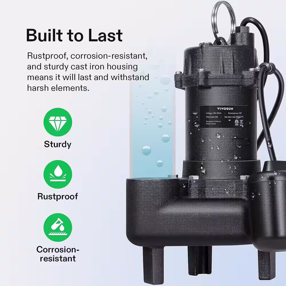 VIVOSUN 5220 GPH 1 Hp. Submersible Sewage/Effluent Pump with Automatic Adjustable Float Switch and 2 in. NPT Discharge