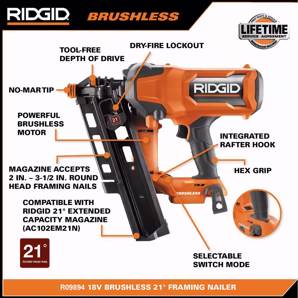 RIDGID 18V Brushless Cordless 21Â° 3-1/2 in. Framing Nailer Kit with 4.0 Ah MAX Output Lithium-Ion Battery and Charger