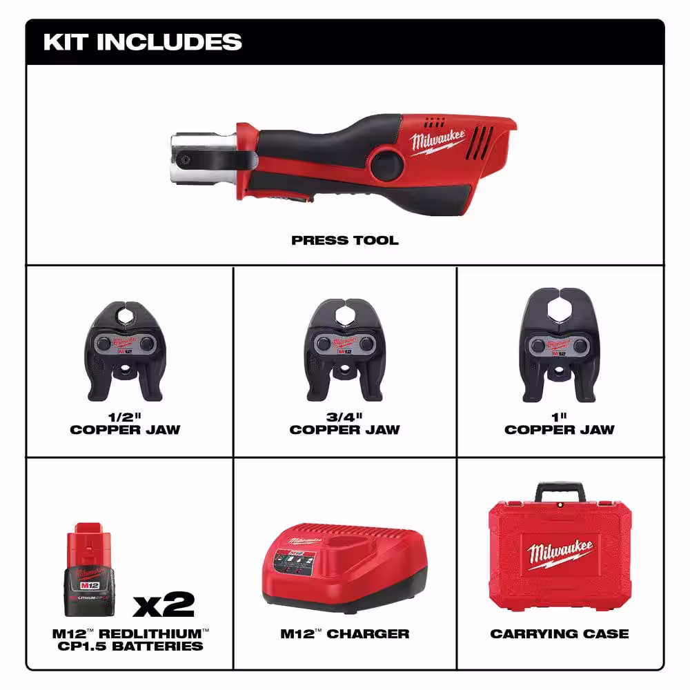 Milwaukee M12 12-Volt Lithium-Ion Force Logic Cordless Press Tool Kit (3 Jaws Included) with Two 1.5 Ah Battery and Hard Case