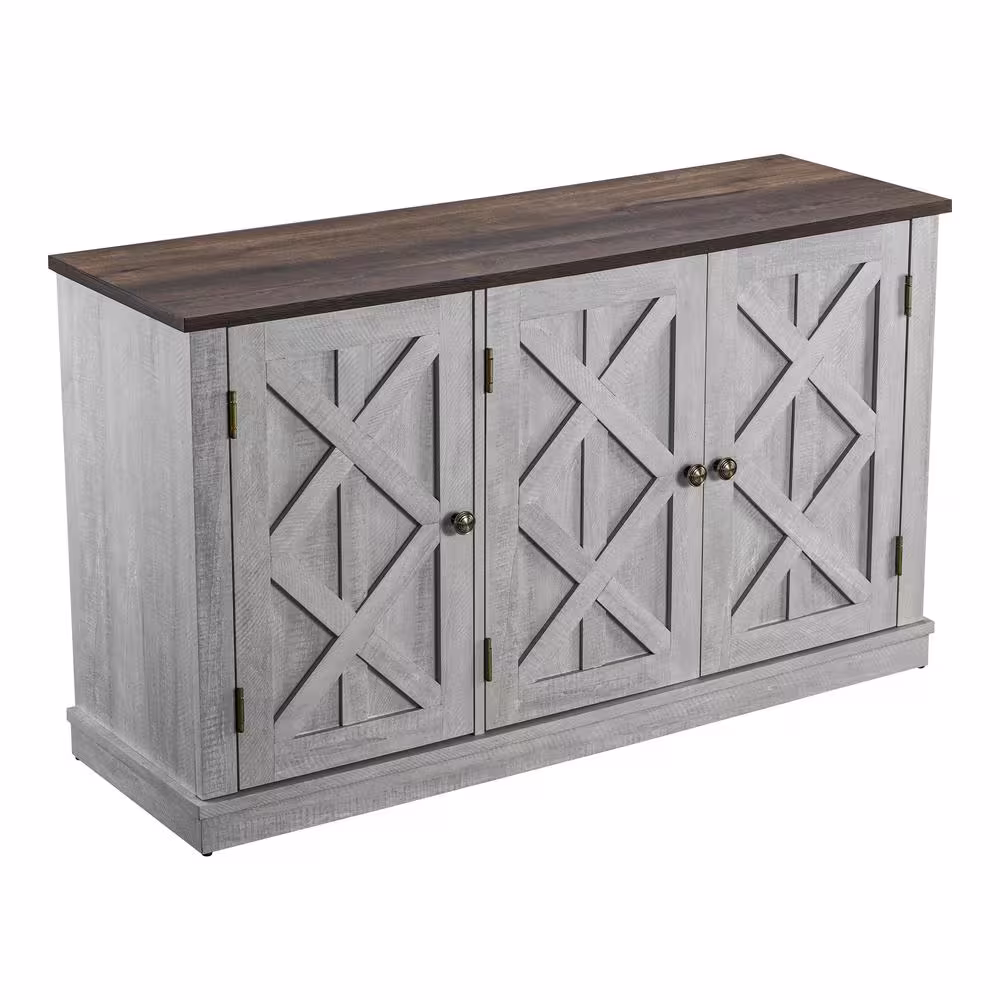 None 48 in. 3-Door Saw Cut-Off White Sideboard Buffet Table Accent Cabinet
