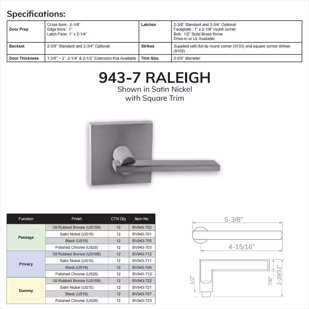 None Bravura Raleigh 943-7 Dummy Door Lever Bright Chrome w/ square trim