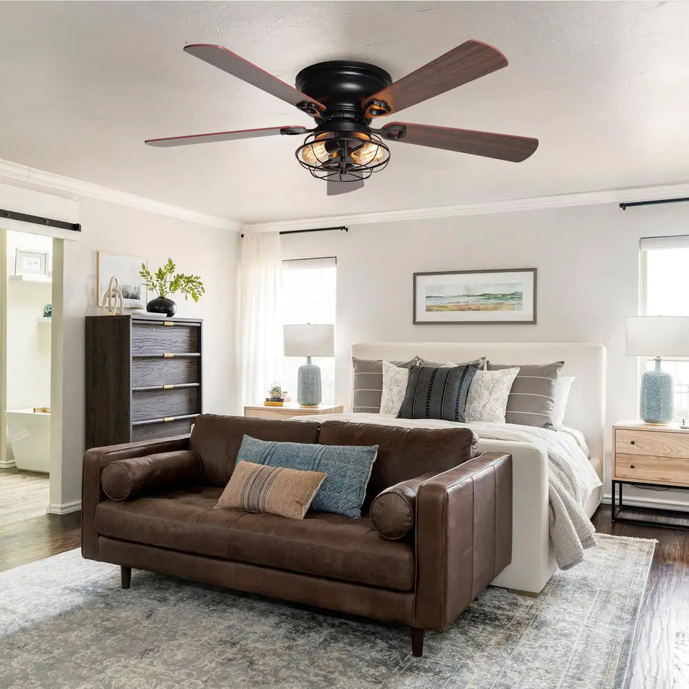 Parrot Uncle 48 in. Wooden 5-Blade Flush Mount Matte Black Ceiling Fan with Remote Control and Light Kit