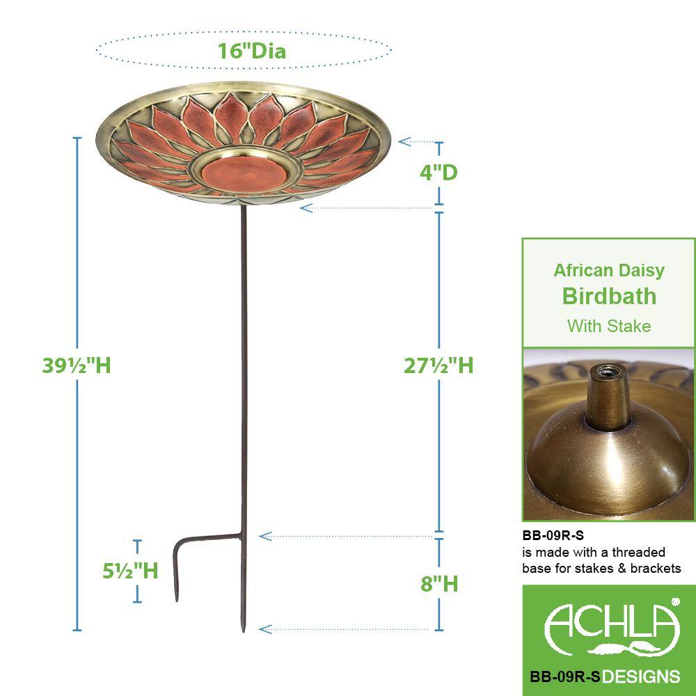 Achla Designs 40 in. Tall Antique and Patina Red African Daisy Birdbath with Stake