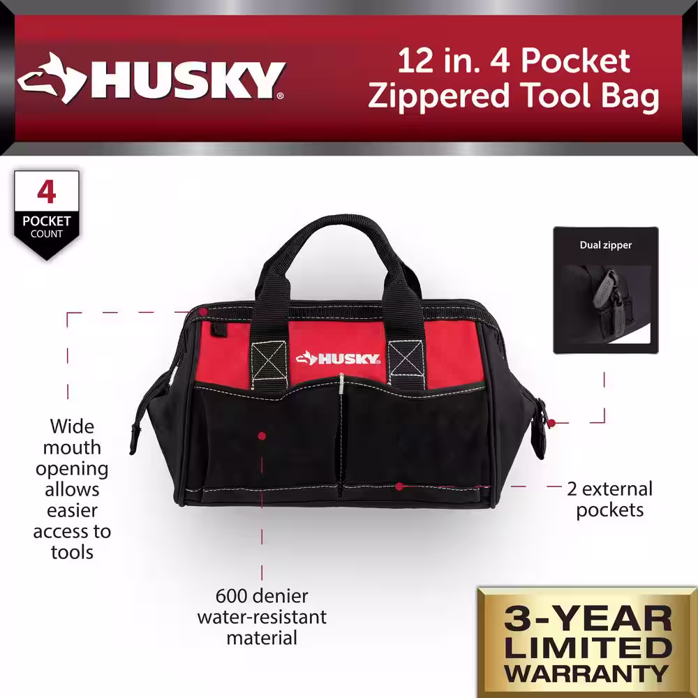 Husky 12 in. 4-Pocket Zippered Tool Bag (2-Pack)
